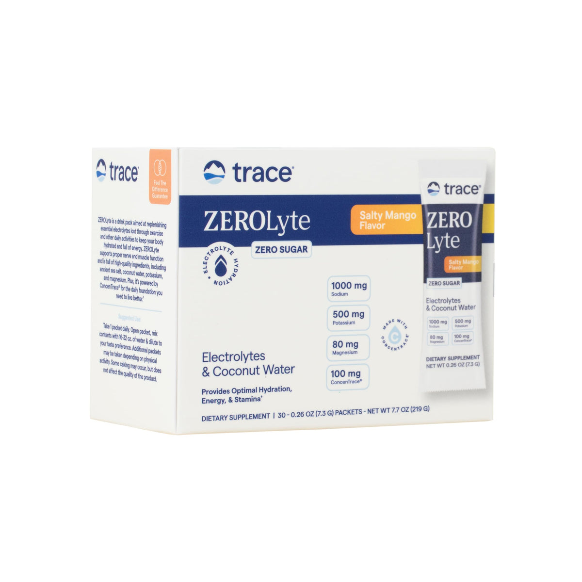 Trace Minerals ZeroLyte sobres mango salado para hidratación rápida.