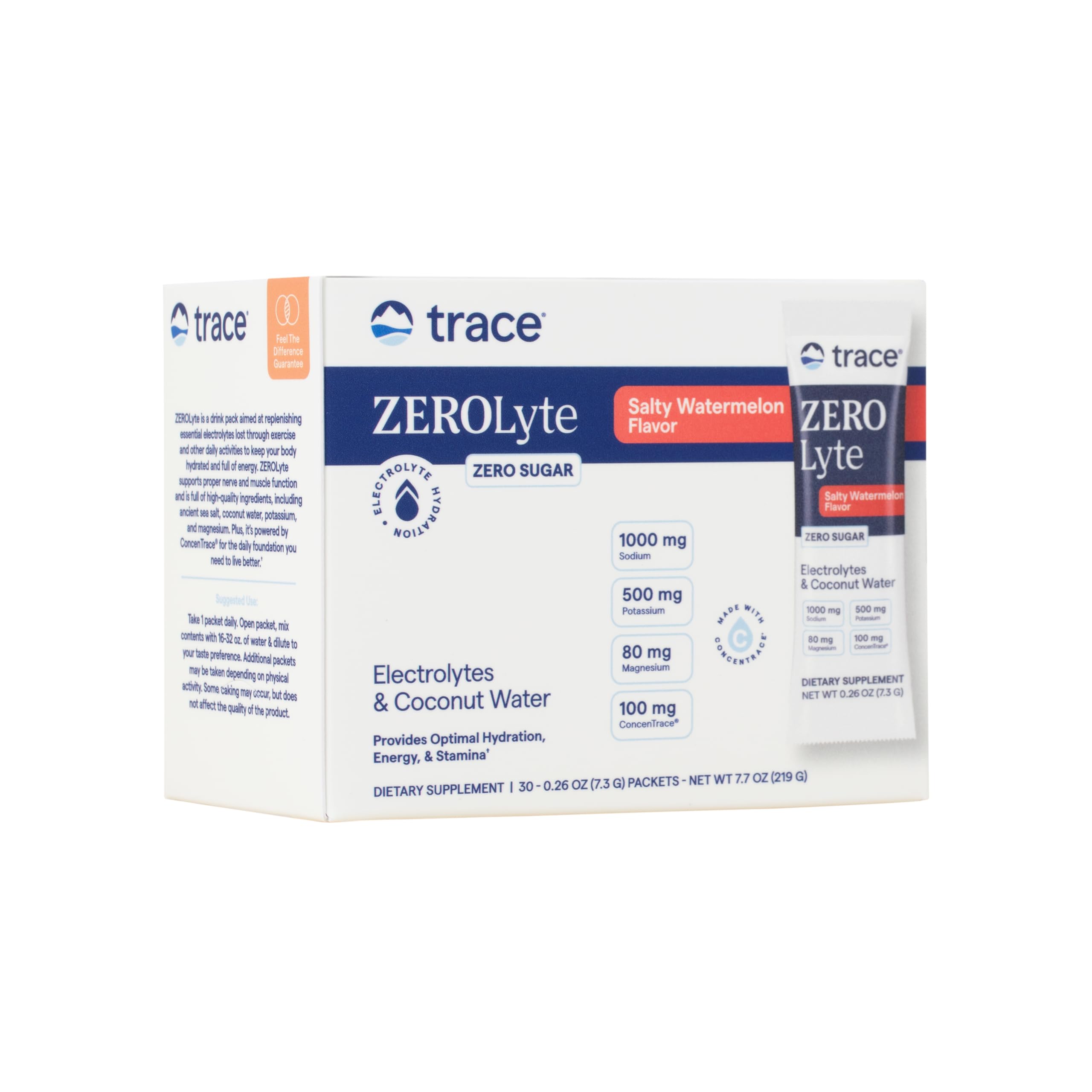 Trace Minerals ZeroLyte sandía sin azúcar, paquete individual para hidratación rápida.
