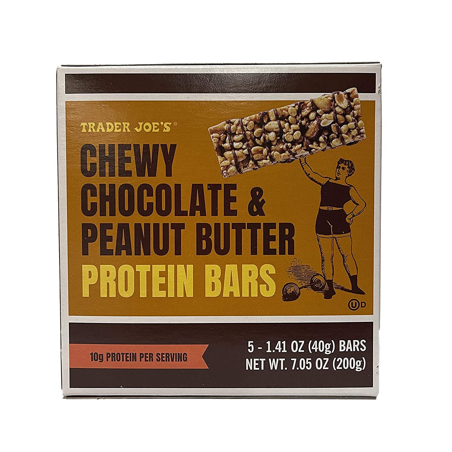 Barrita proteica Trader Joe's: chocolate y maní, 10 g de proteína por porción, para llevar.
