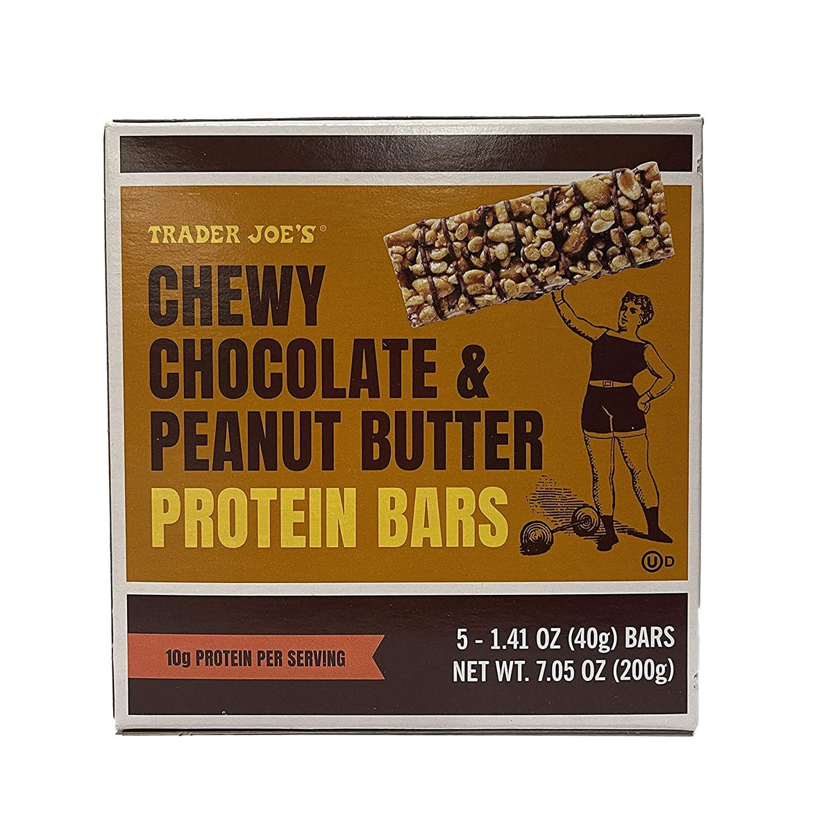 Barrita proteica Trader Joe's: chocolate y maní, 10 g de proteína por porción, para llevar.
