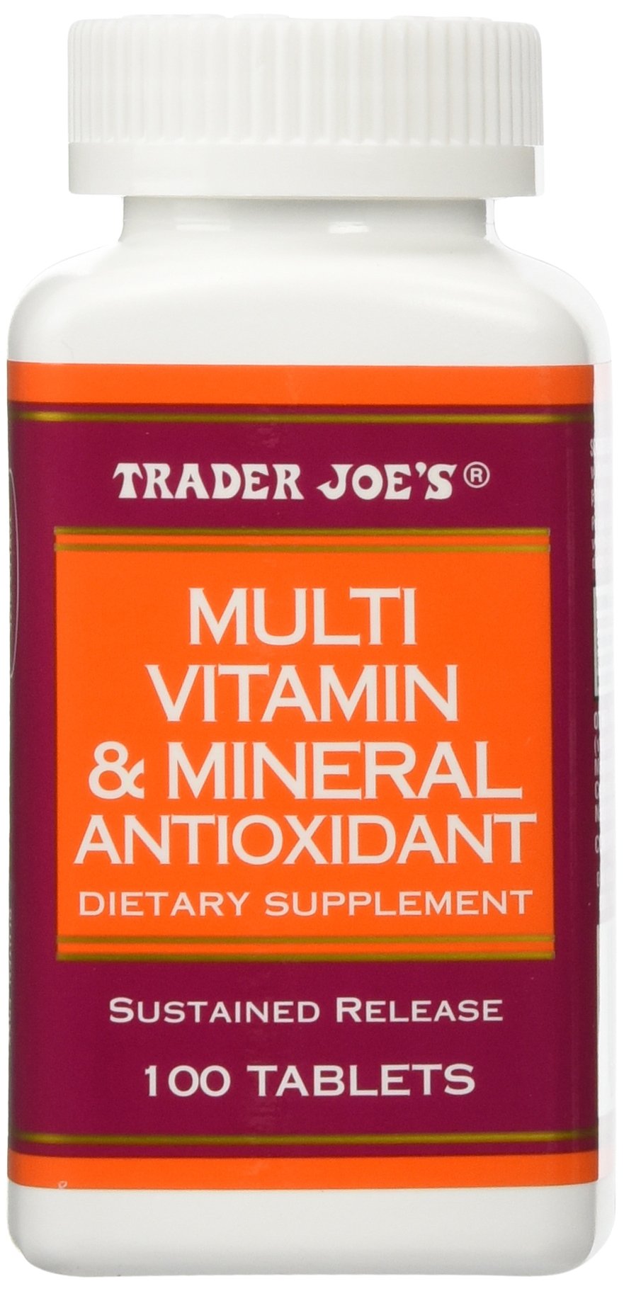 Botella de Trader Joe's multivitamínico antioxidante para consumo diario.