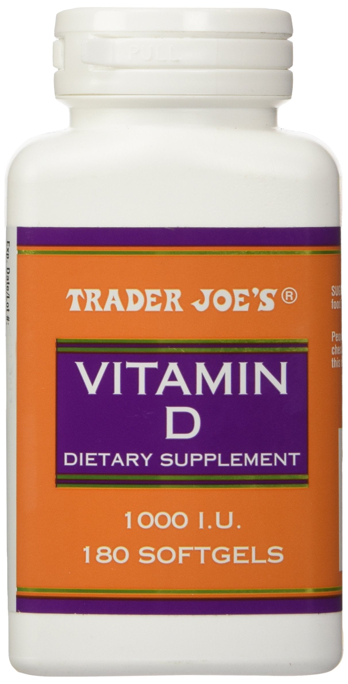 Trader Joe's Vitamina D-3 1000 UI en frasco protegido de la luz para uso diario.