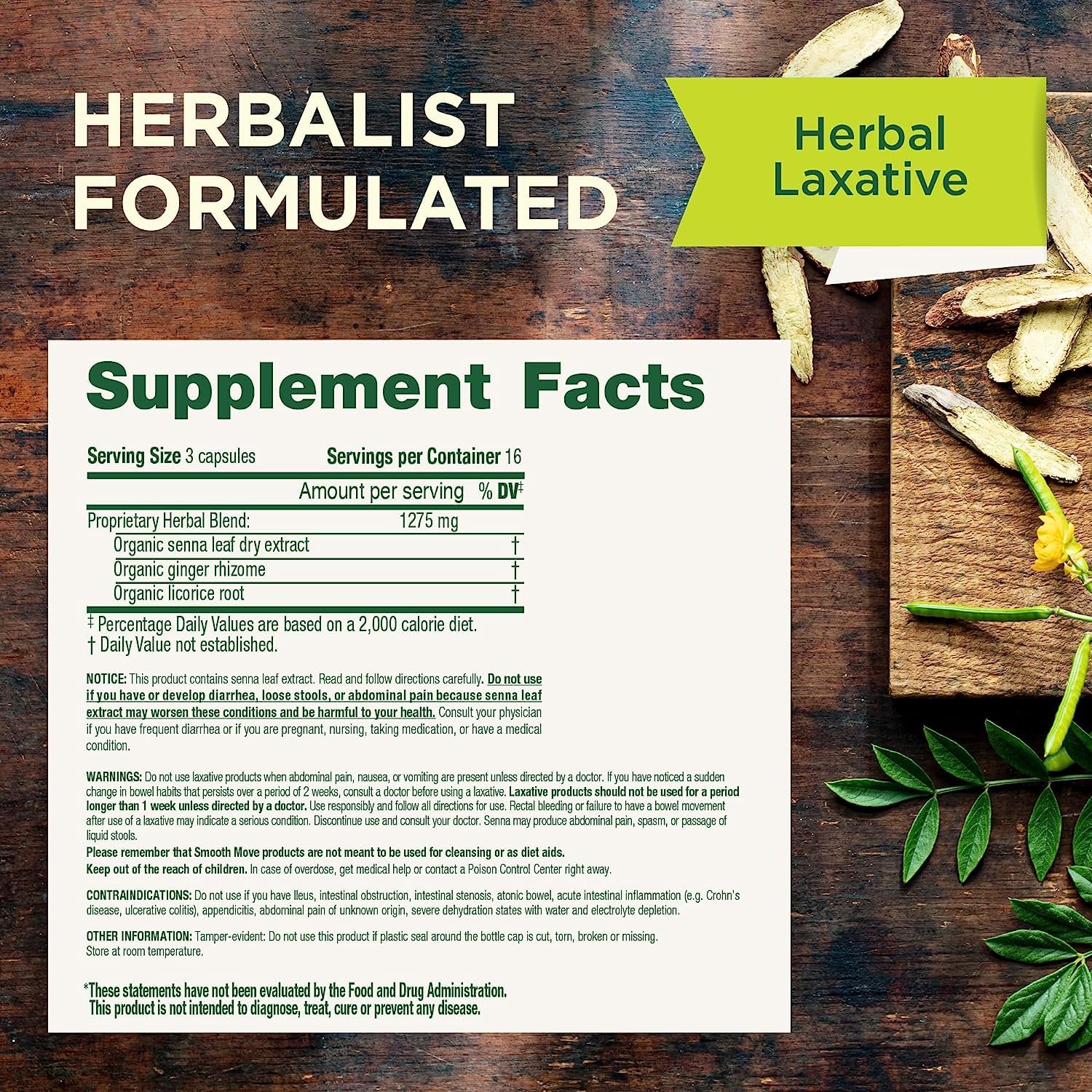 Traditional Medicinals Smooth Move: etiqueta con ingredientes orgánicos y sello sin OGM.
