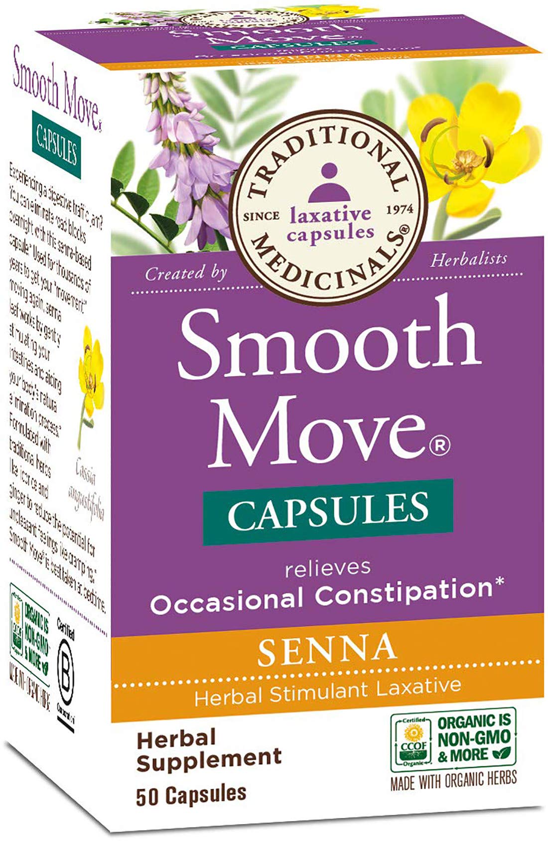 Traditional Medicinals Smooth Move Senna cápsulas, envase de 50 cápsulas para apoyo digestivo natural.