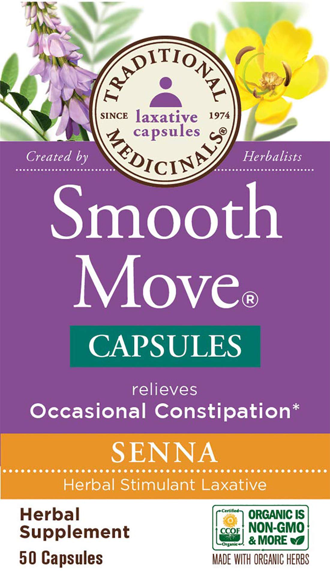 Traditional Medicinals Smooth Move Senna, dosis recomendada de dos cápsulas por toma.