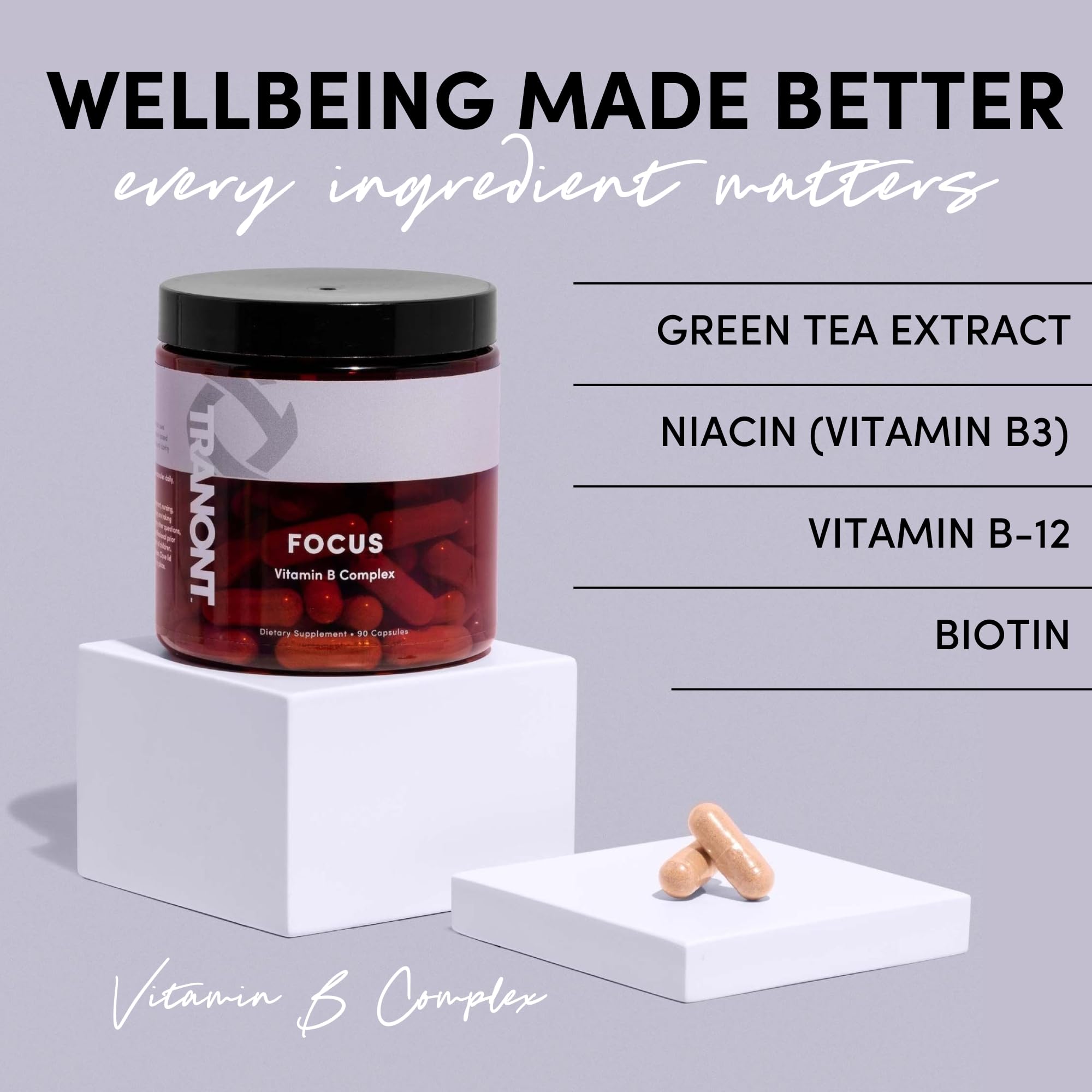 Tranont Focus Vitamin B Complex mezcla de té verde y hongo melena de león para enfoque cognitivo.