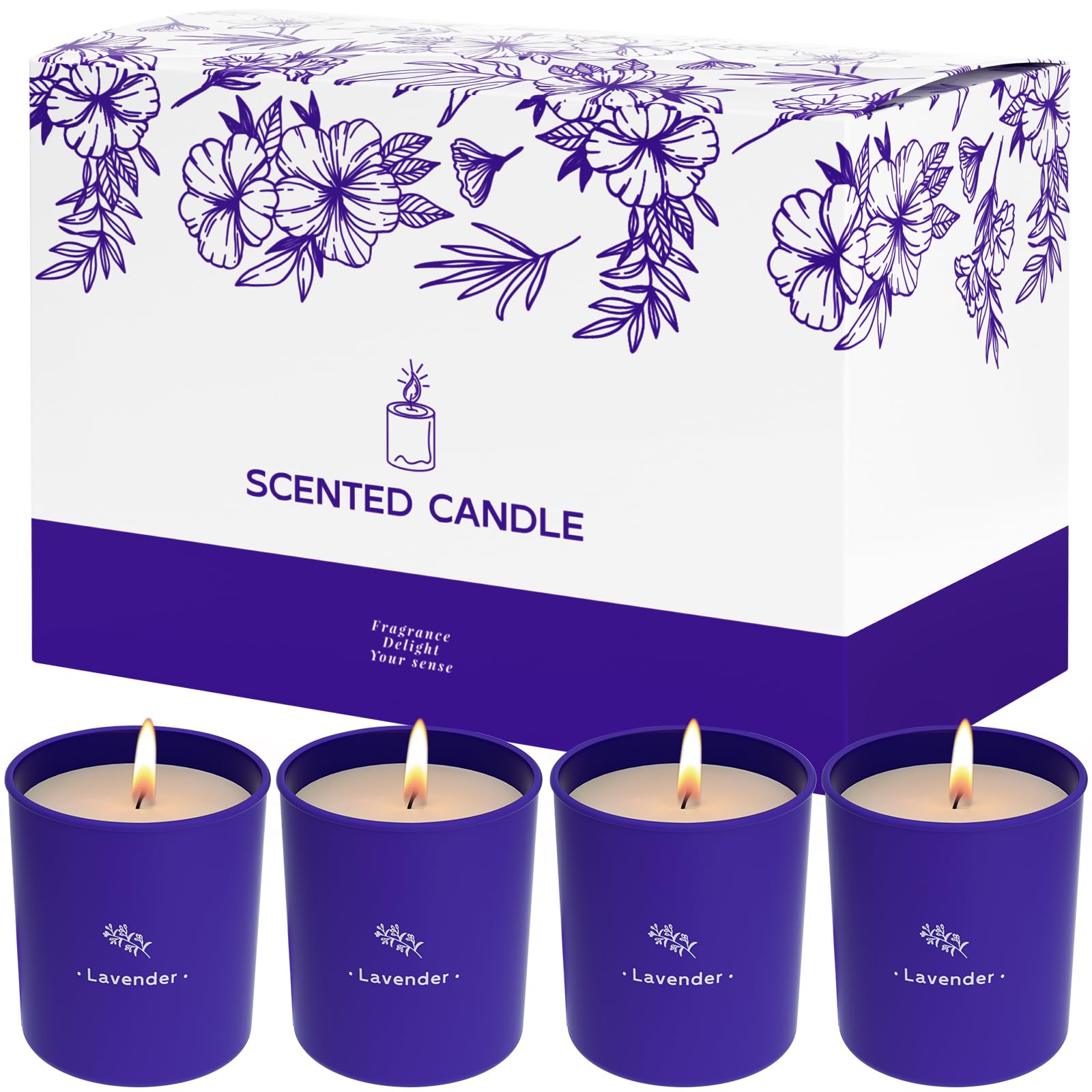 Vela TranquilBliss Lavanda de 8 oz en frasco violeta para aroma suave en casa.