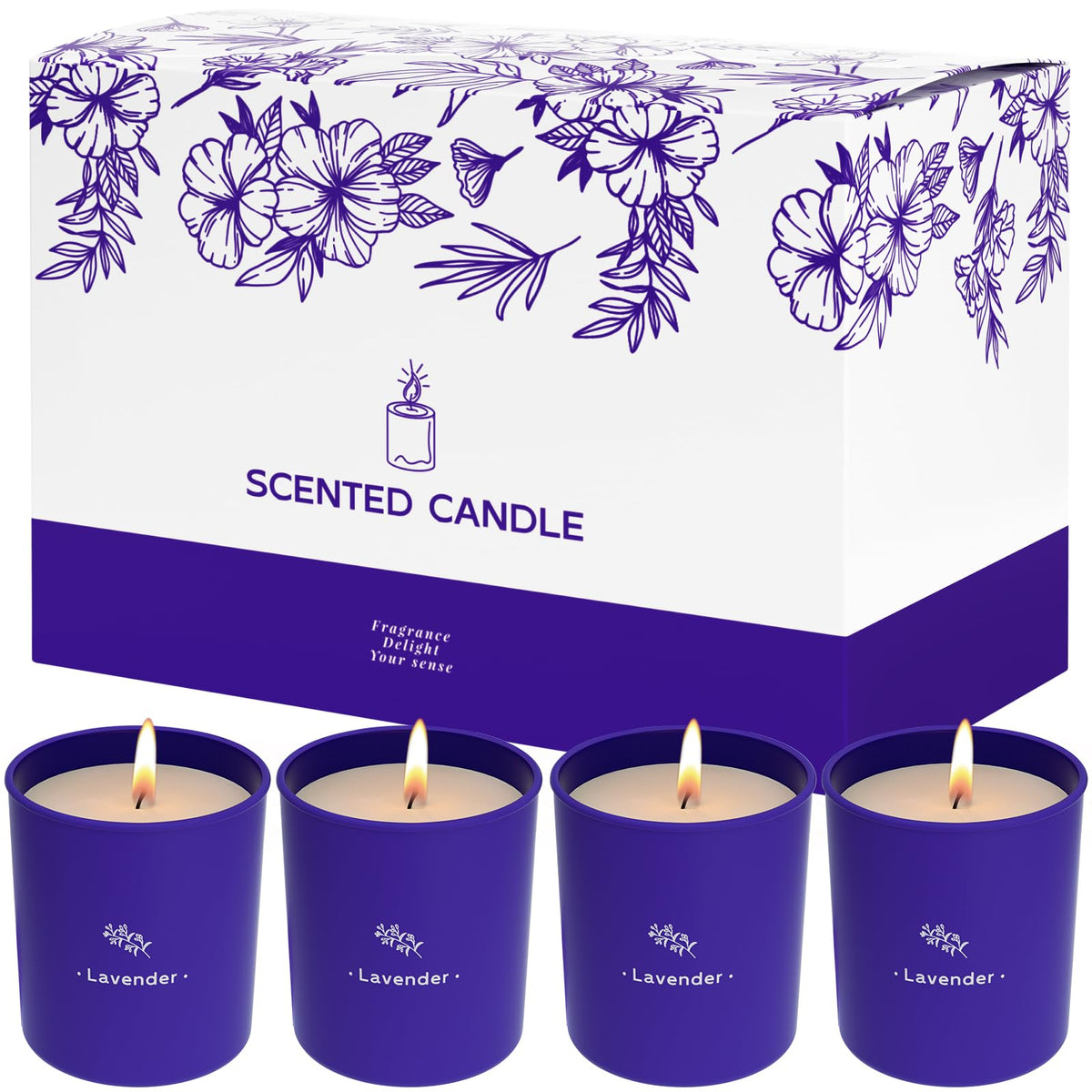 Vela TranquilBliss Lavanda de 8 oz en frasco violeta para aroma suave en casa.