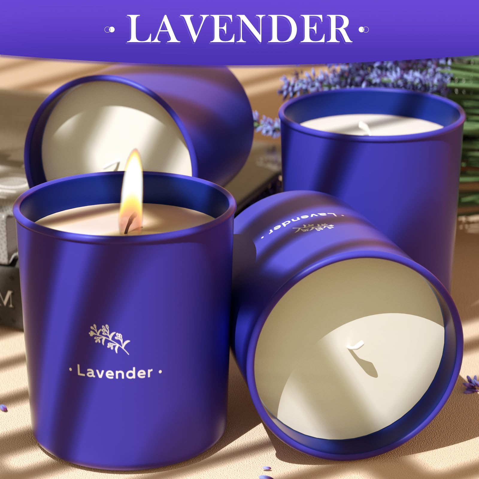 Vela Lavanda TranquilBliss de larga duración en frasco violeta para noches tranquilas.