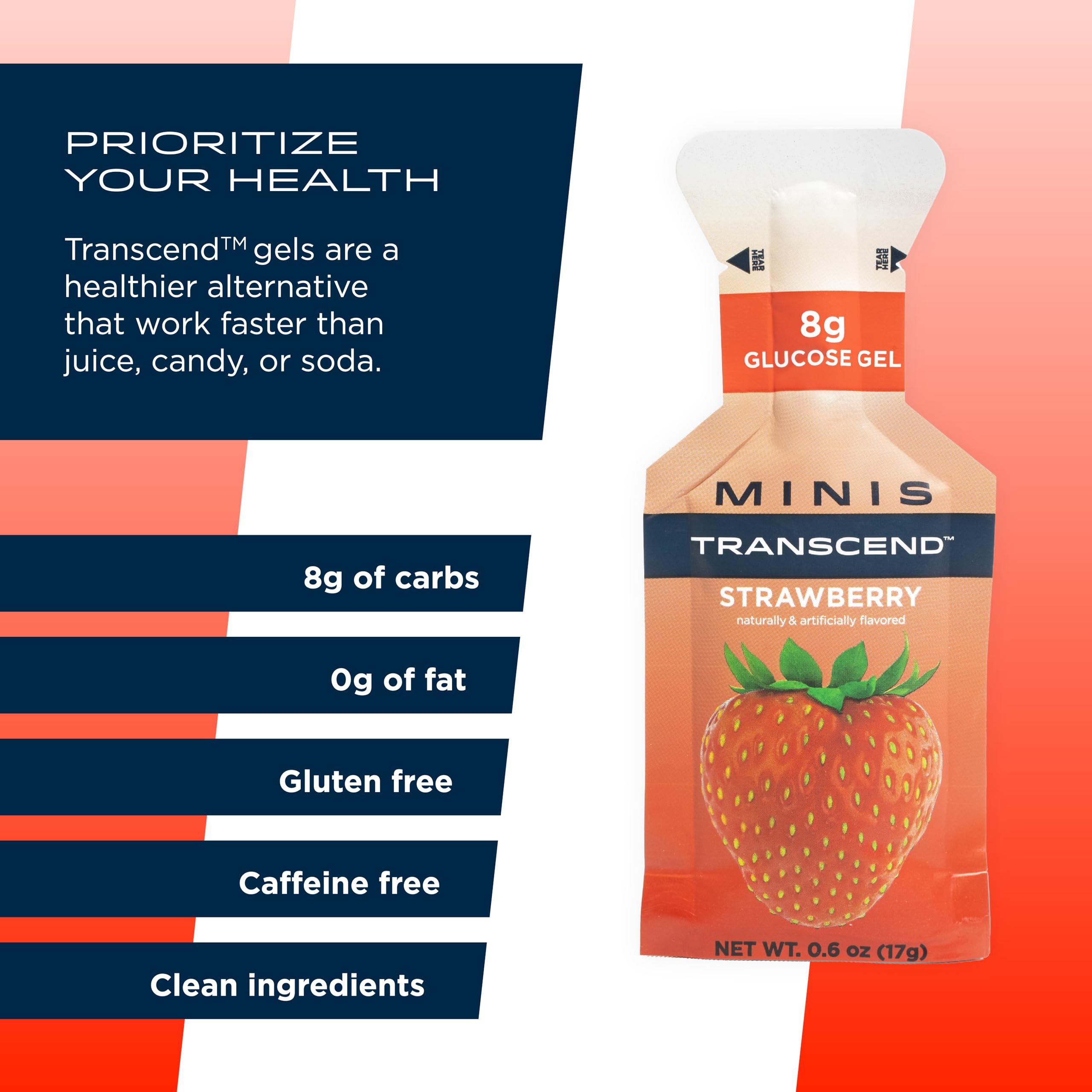 Transcend Foods gel de fresa mini, sin cafeína y portátil para cualquier deporte