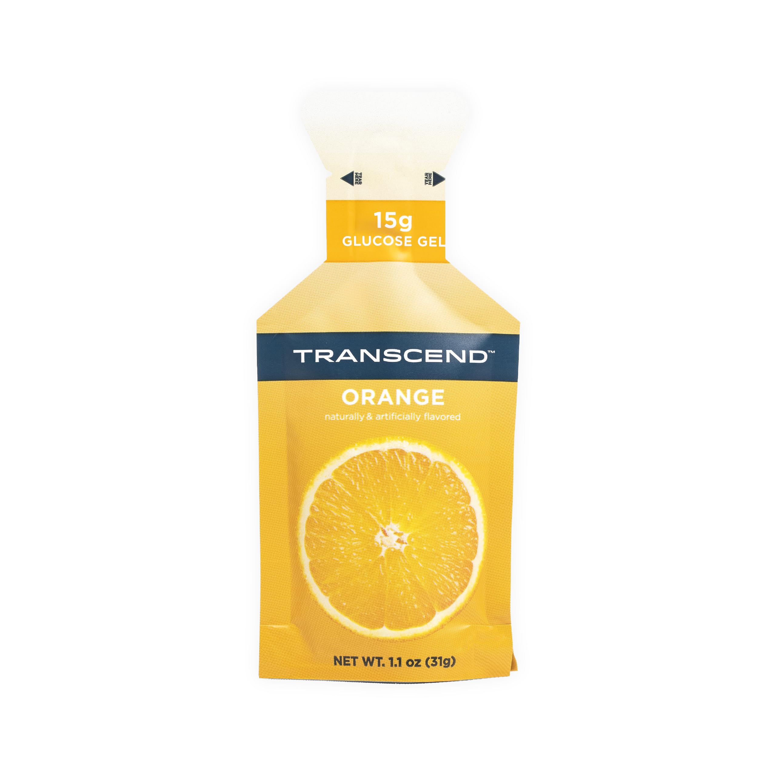 Transcend gel naranja, empaque de 10 sobres, energía rápida para entrenamientos.