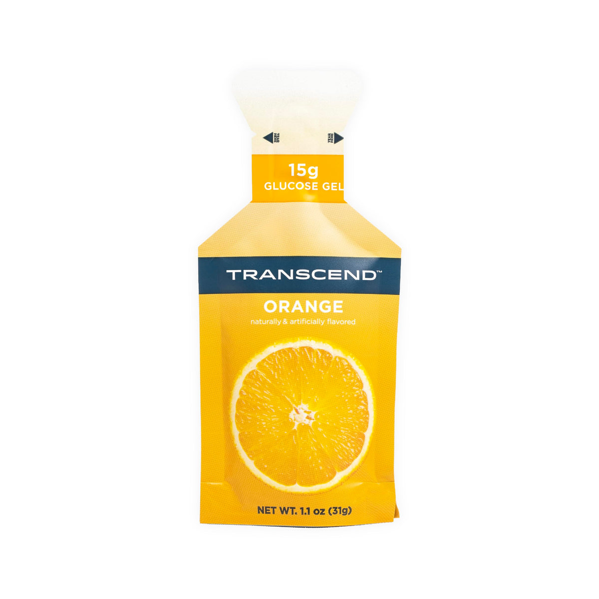 Transcend gel naranja, empaque de 10 sobres, energía rápida para entrenamientos.