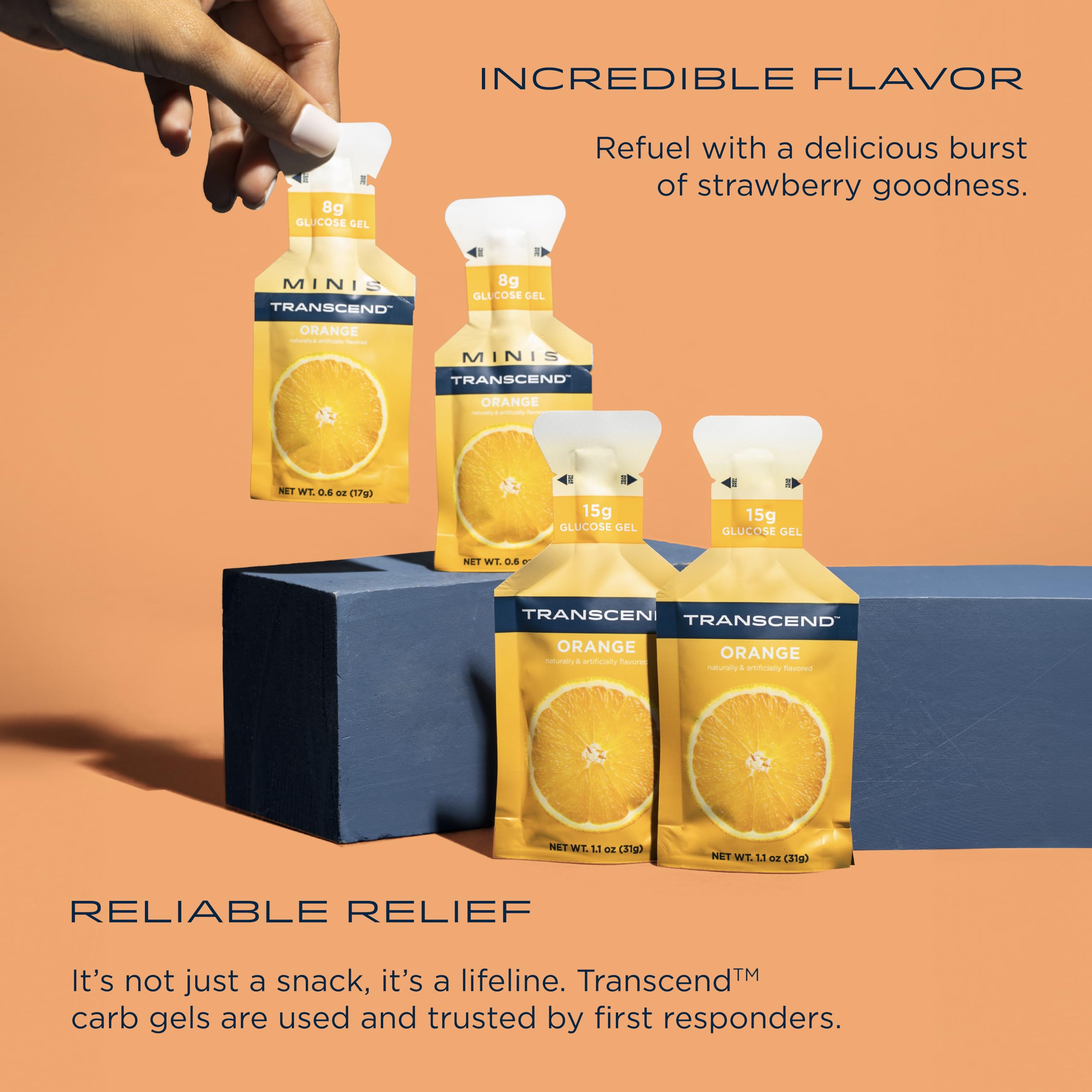 Transcend gel naranja, sobre portable con dosis de 1,1 oz para uso sobre la marcha.