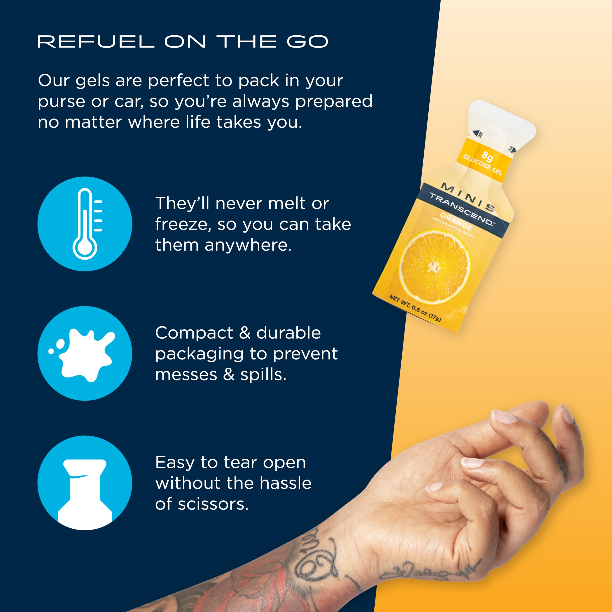 Transcend gel naranja sin cafeína: opción suave para entrenamientos sin estimulantes.
