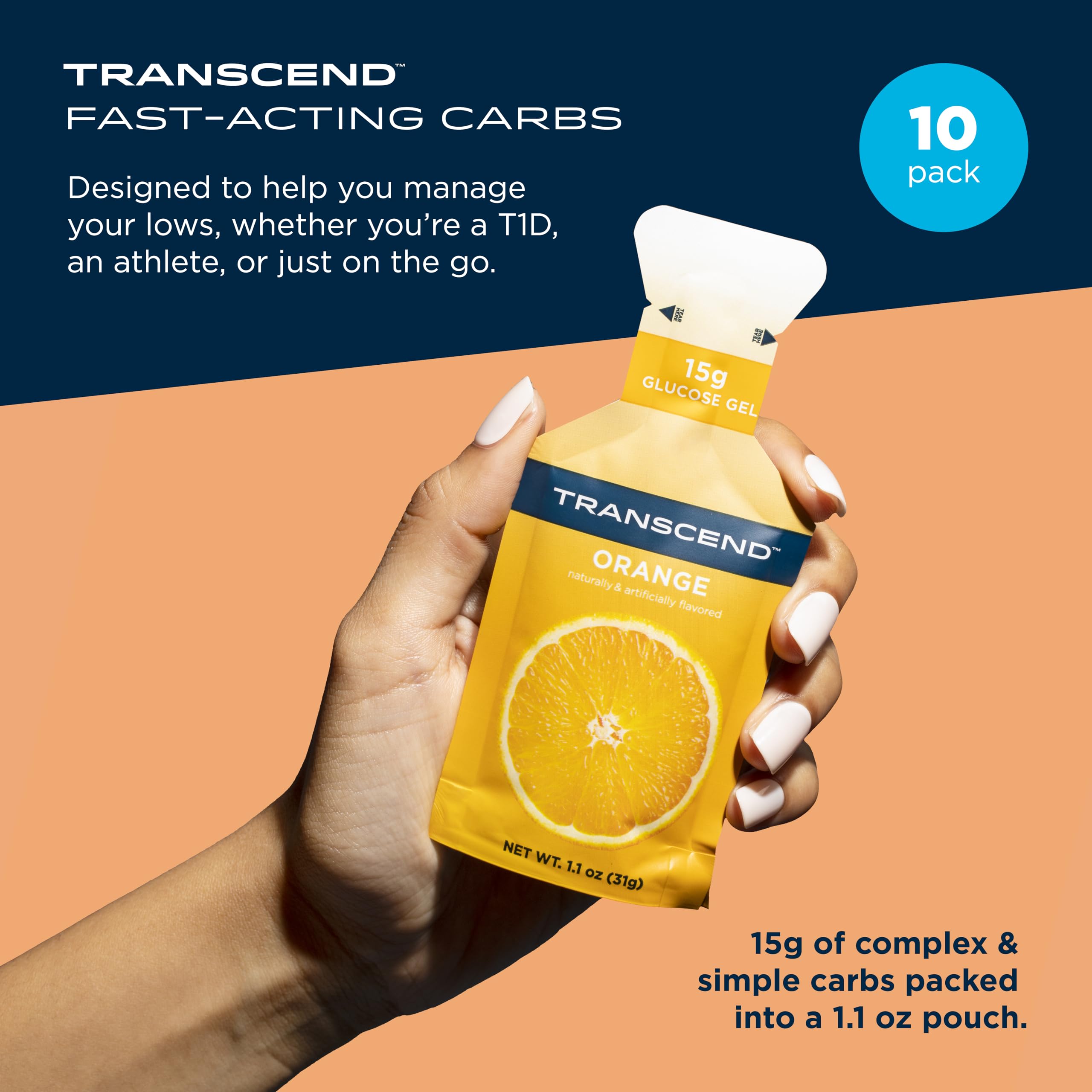 Transcend gel naranja, textura suave para consumo fácil durante la actividad.