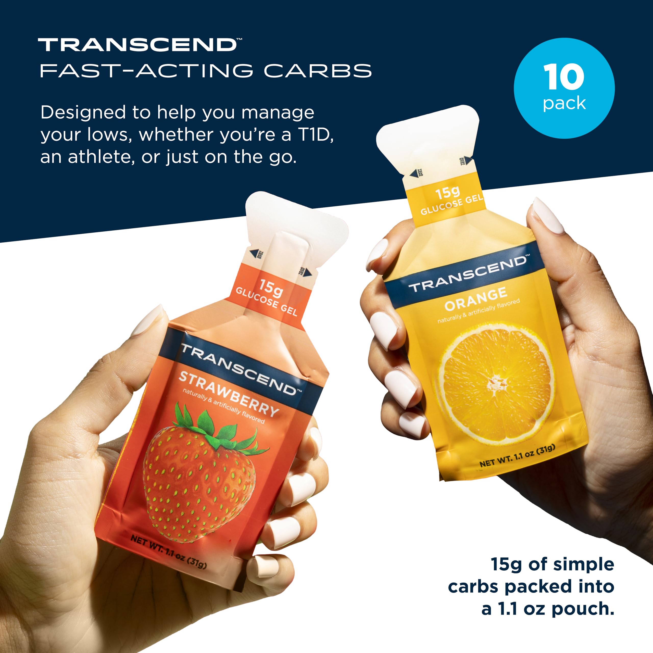 Geles Transcend en paquetes energizantes fresa y naranja para rutas.