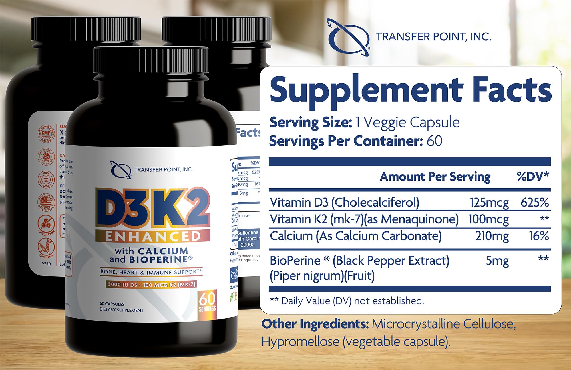 Cápsulas Transfer Point D3K2 con 5000 UI D3 y 100 mcg K2 MK-7 para uso diario.