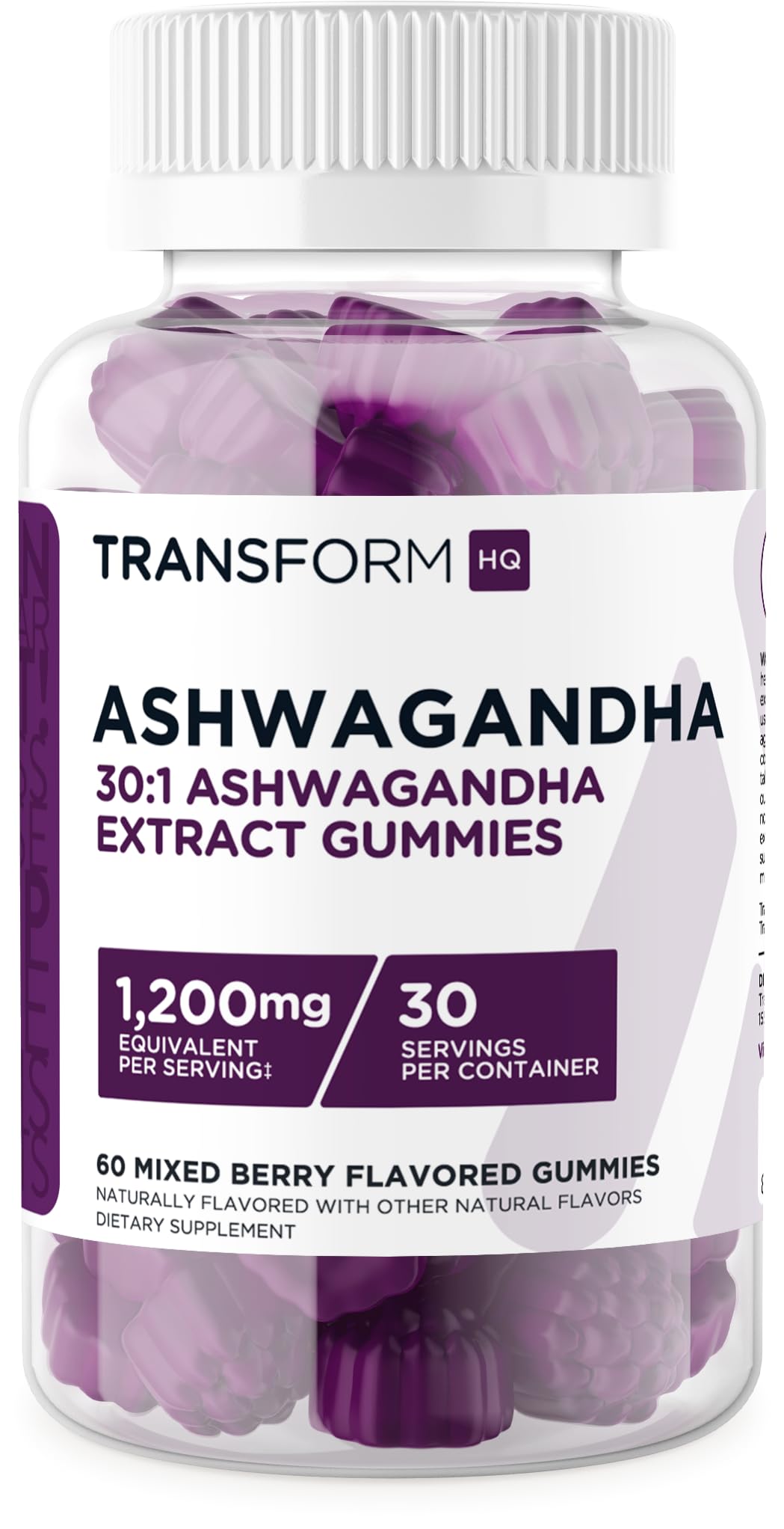 TransformHQ gominas de ashwagandha, empaque práctico para uso diario.