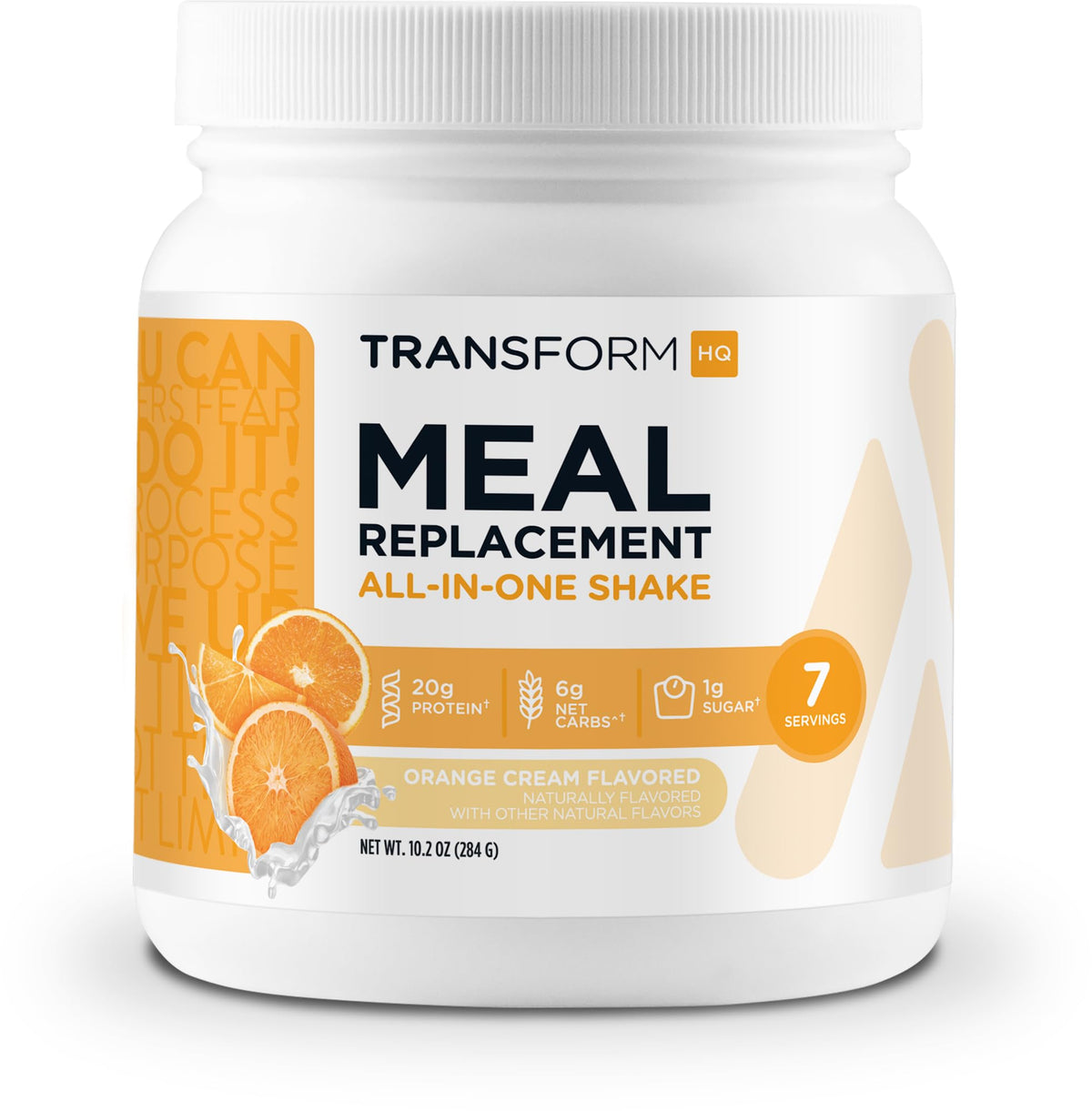 TransformHQ batido en frasco de 7 porciones con crema de naranja, ideal como snack saludable.