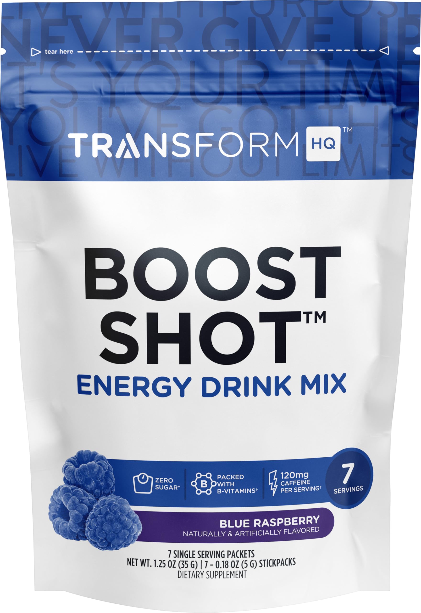 TransformHQ Boost Shot: paquetes azul frambuesa para energía rápida.