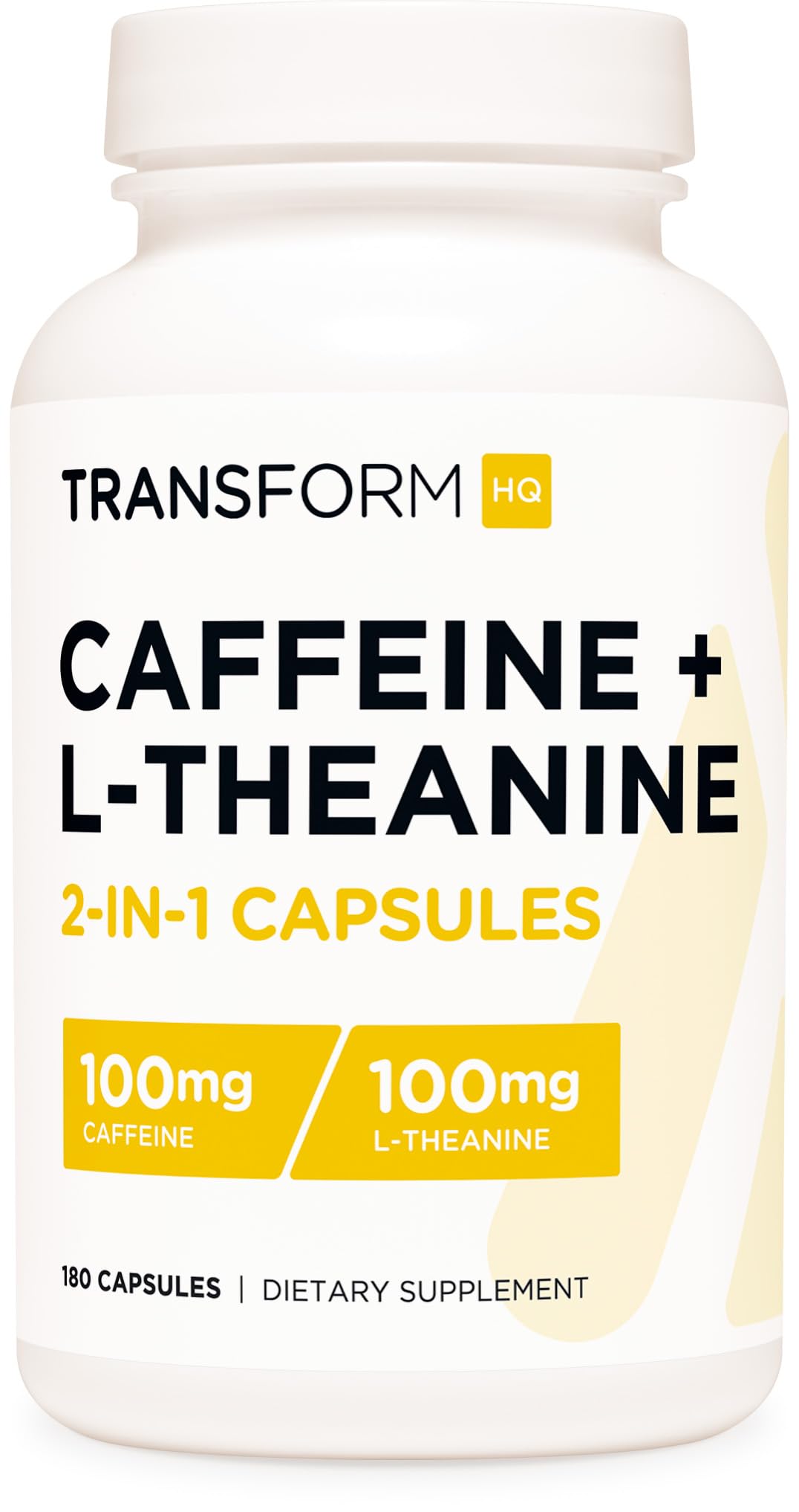 TransformHQ cafeina y L-teanina, botella con 180 cápsulas para energia sostenida.