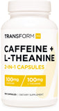 TransformHQ cafeina y L-teanina, botella con 180 cápsulas para energia sostenida.