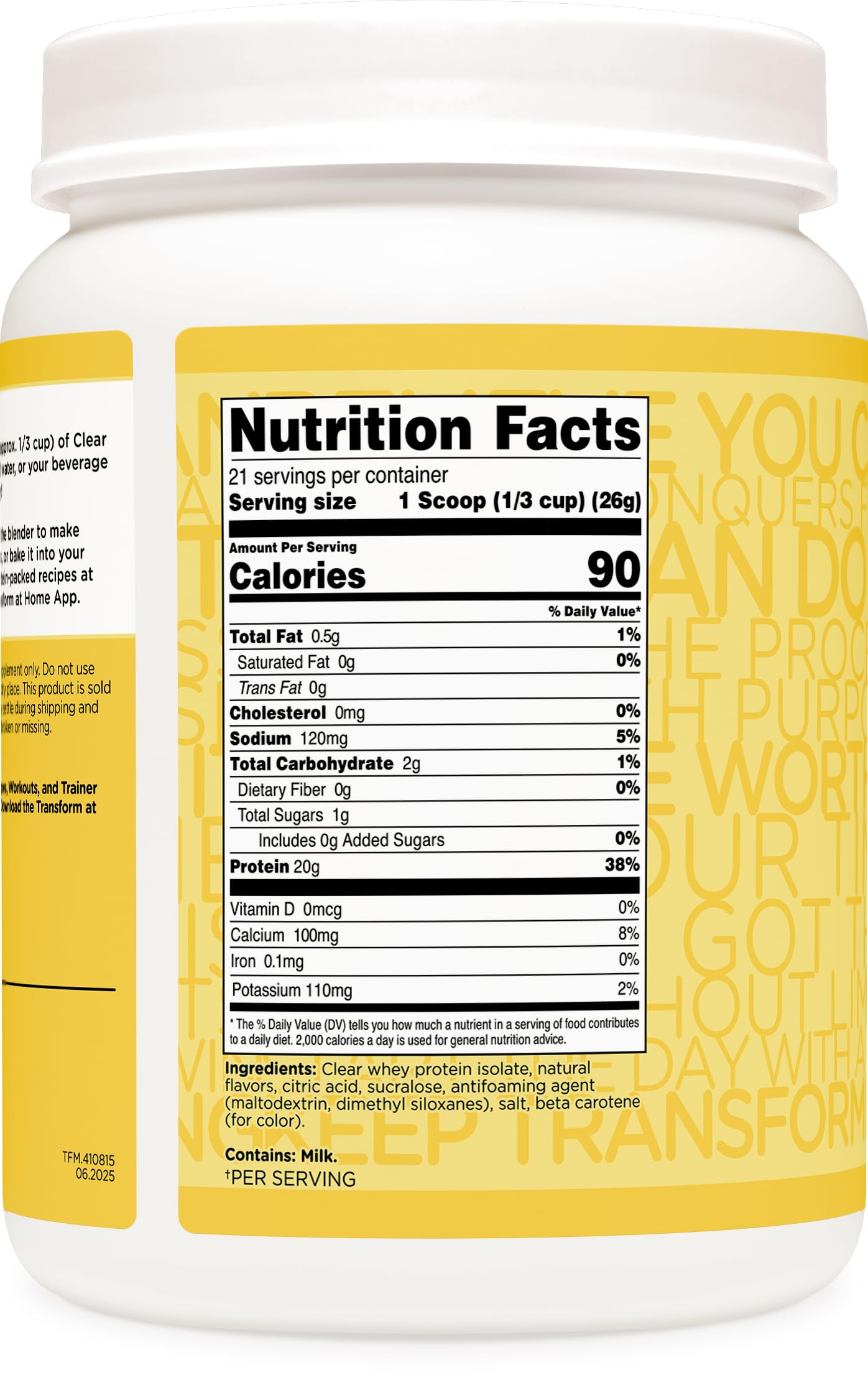 TransformHQ Clear Whey Isolate etiqueta NSF GMP, garantía de calidad