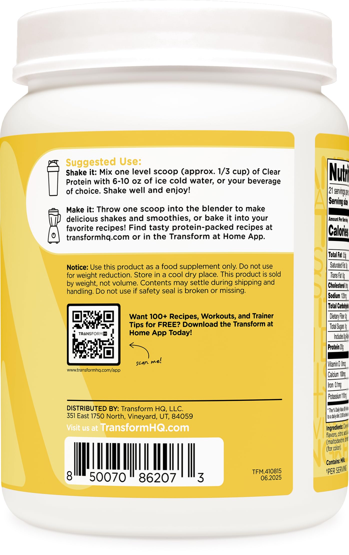 TransformHQ Clear Whey Isolate limón, taza refrescante para snack proteico