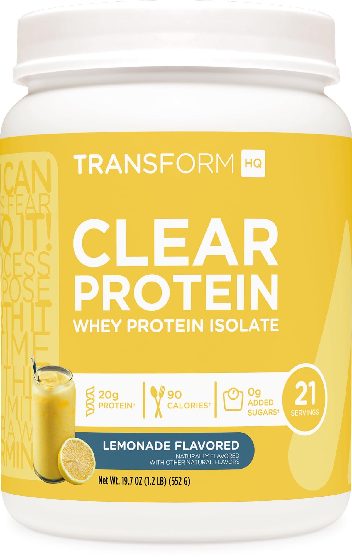 TransformHQ Clear Whey Isolate limón, vaso lleno, proteína sin azúcares añadidos