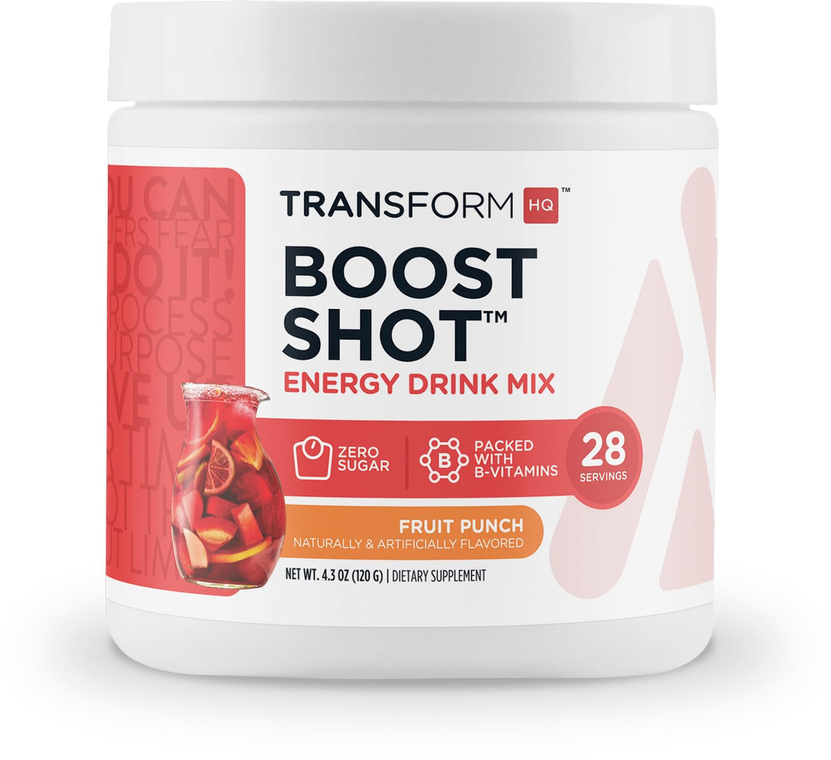 TransformHQ Energy & Focus Powder: envase para energía limpia y dosis conveniente.