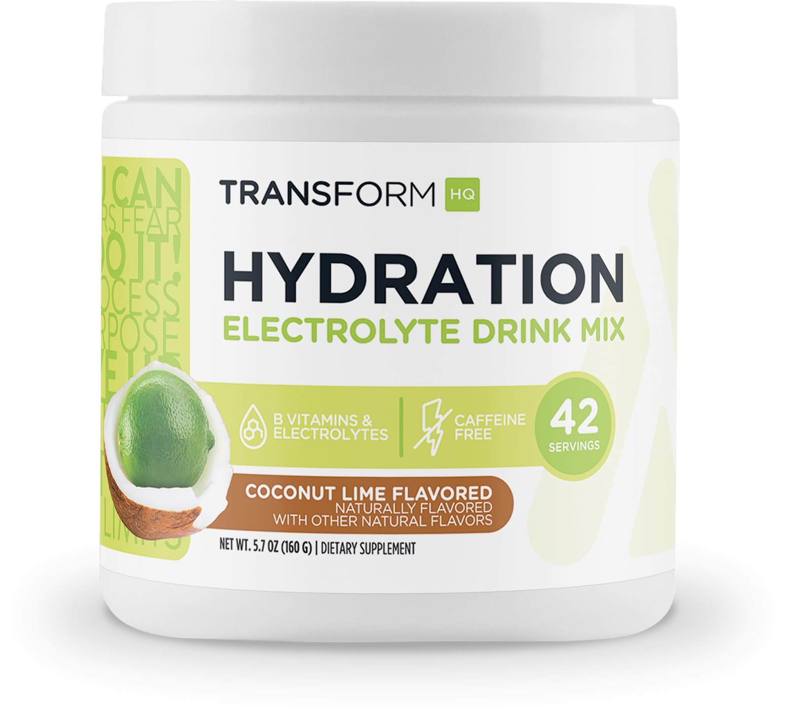 TransformHQ hidratación en polvo coco lima – bote visible para sabor refrescante durante el día.