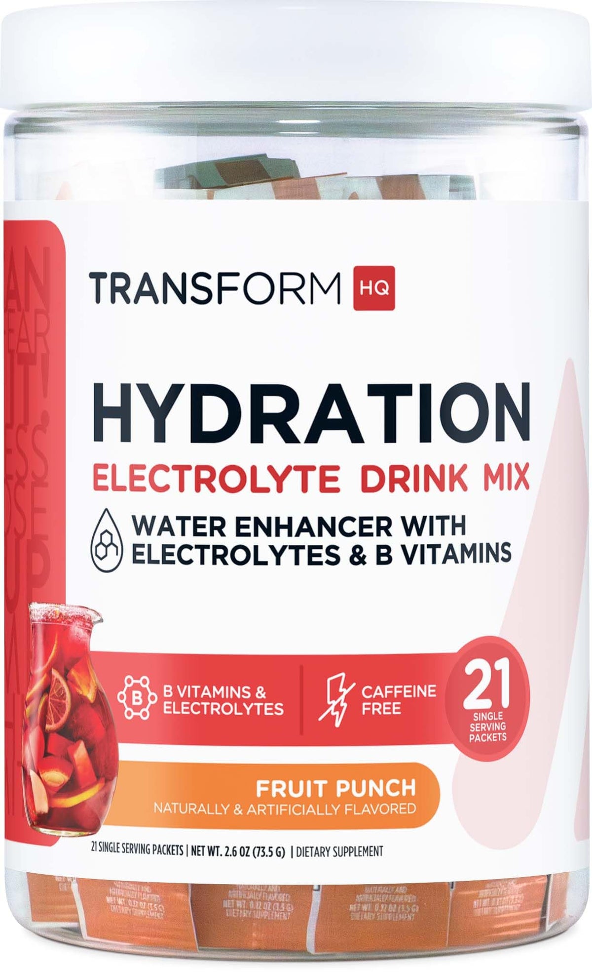 TransformHQ muestra un sobre Fruta Punch para rehidratar y recargar electrolitos
