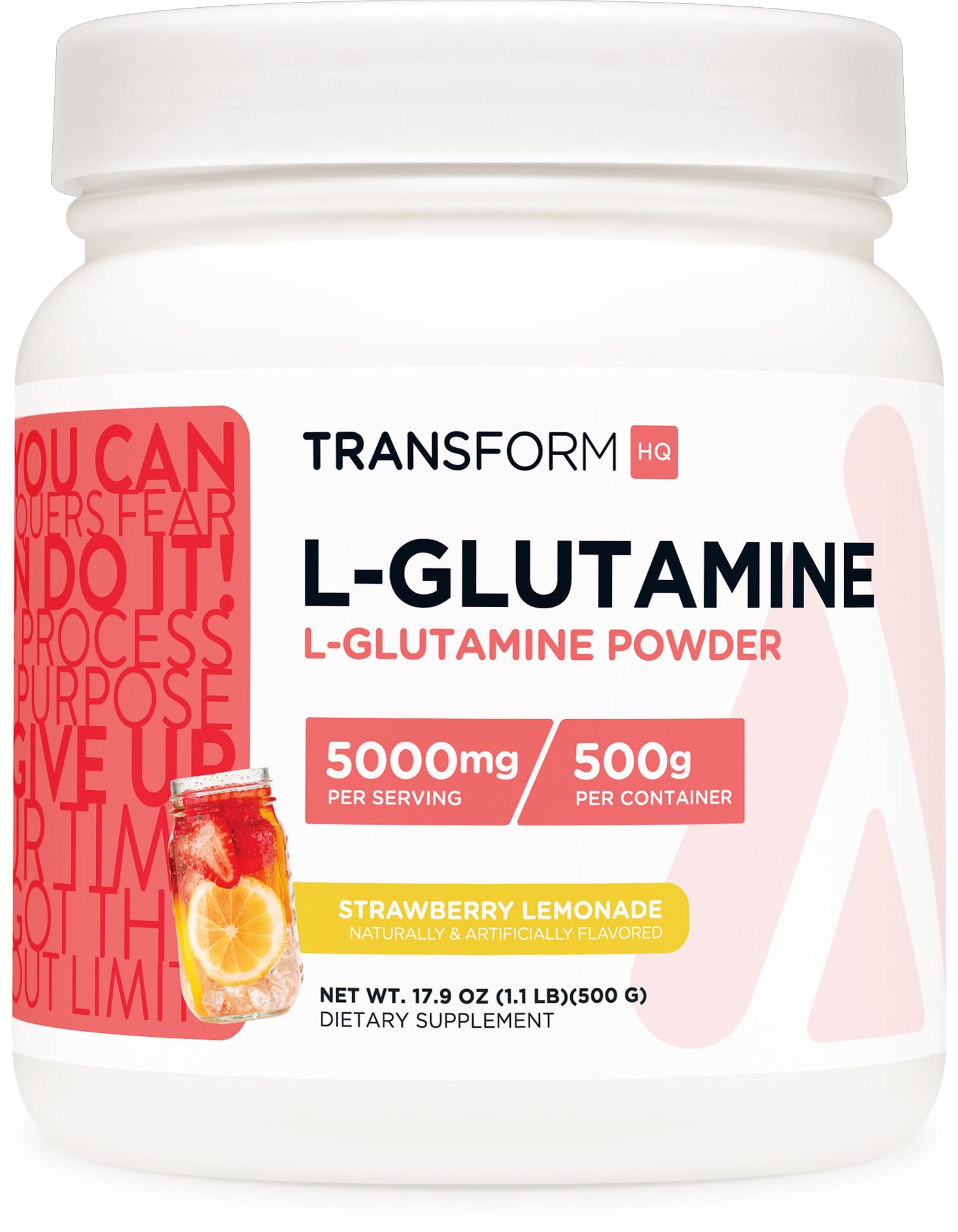 TransformHQ L-Glutamina polvo fresa limón, envase 500 g para uso diario.