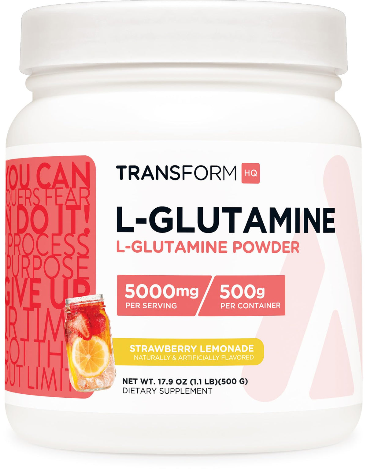 TransformHQ L-Glutamina polvo fresa limón, envase 500 g para uso diario.