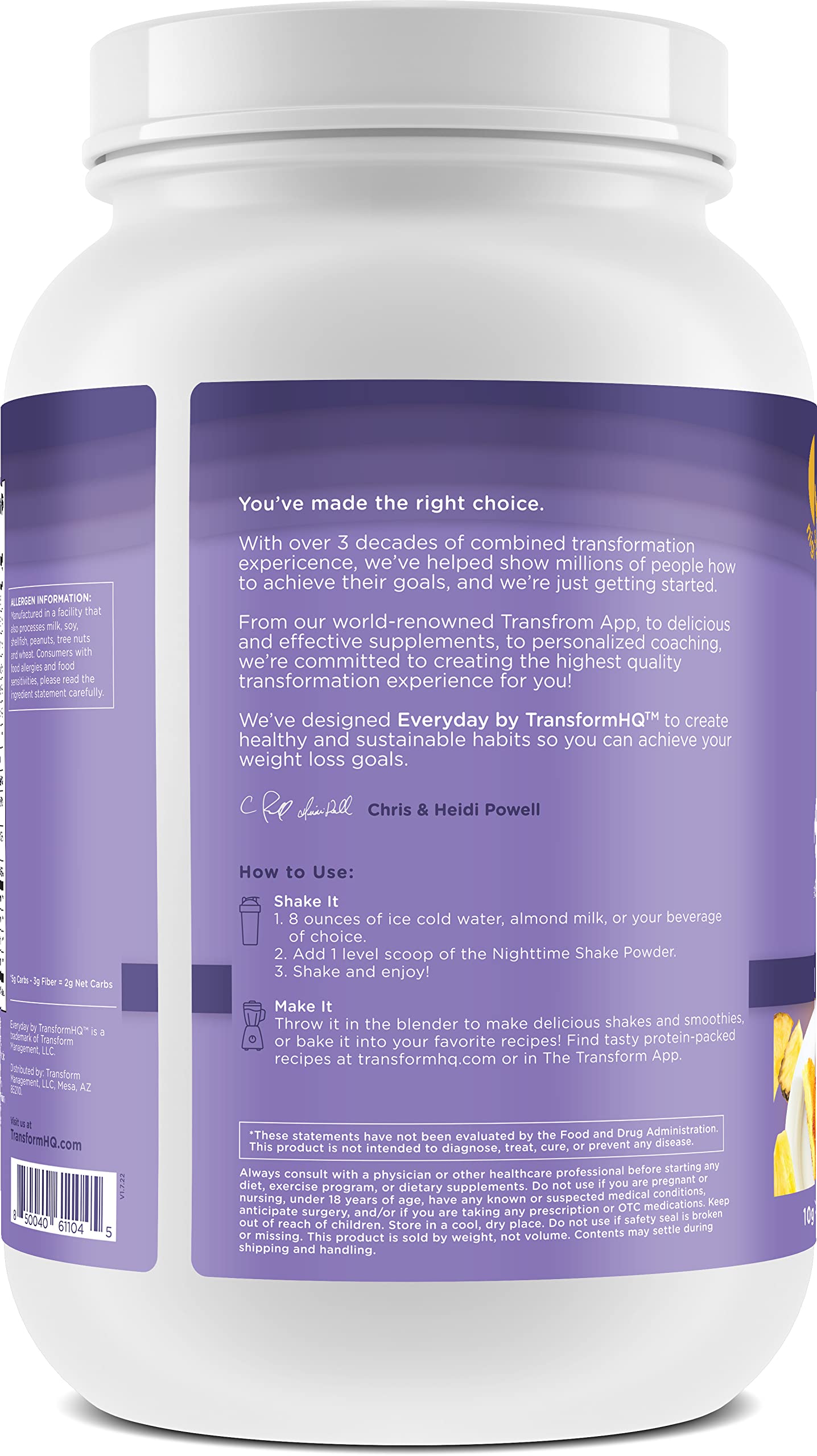 TransformHQ Nighttime Shake, 80 calorías por porción para una opción ligera