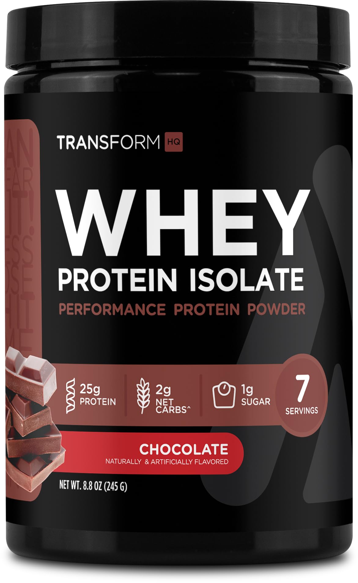 TransformHQ proteina aislada de suero chocolate, bote, sabor cremoso para recuperacion suave