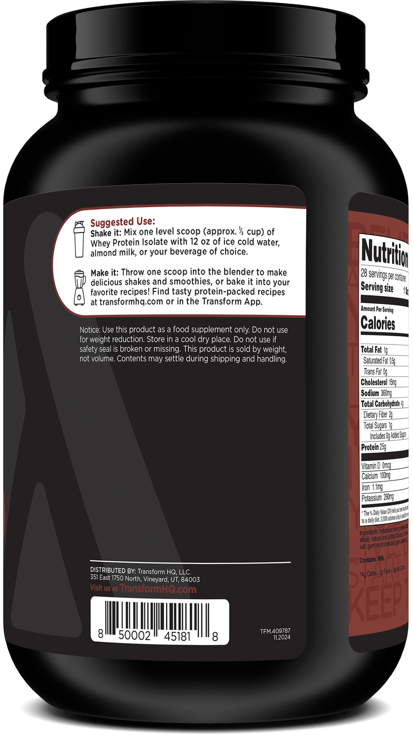 TransformHQ Proteína Aislada de Suero Chocolate etiqueta con ingredientes sin gluten.