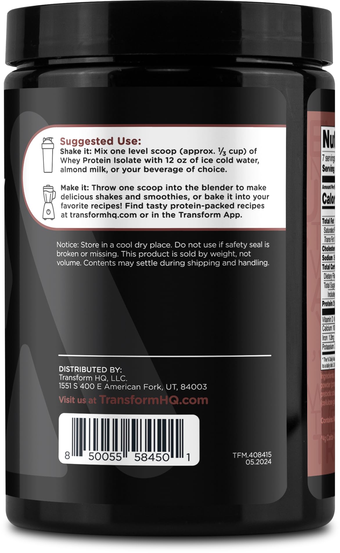 TransformHQ proteina aislada de suero chocolate, mezcla en agua fria para batido suave