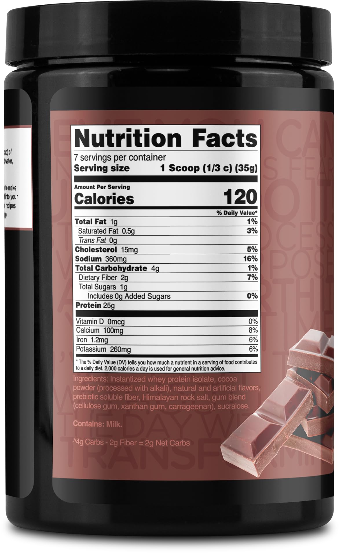 TransformHQ proteina aislada de suero chocolate, vaso con leche para desayuno rapido
