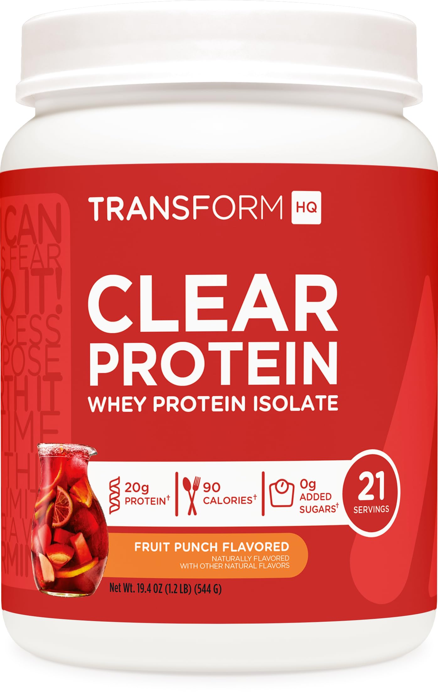 TransformHQ Proteína Clara Fruta Punch botella: 20 g de proteína por porción para recuperación ligera.