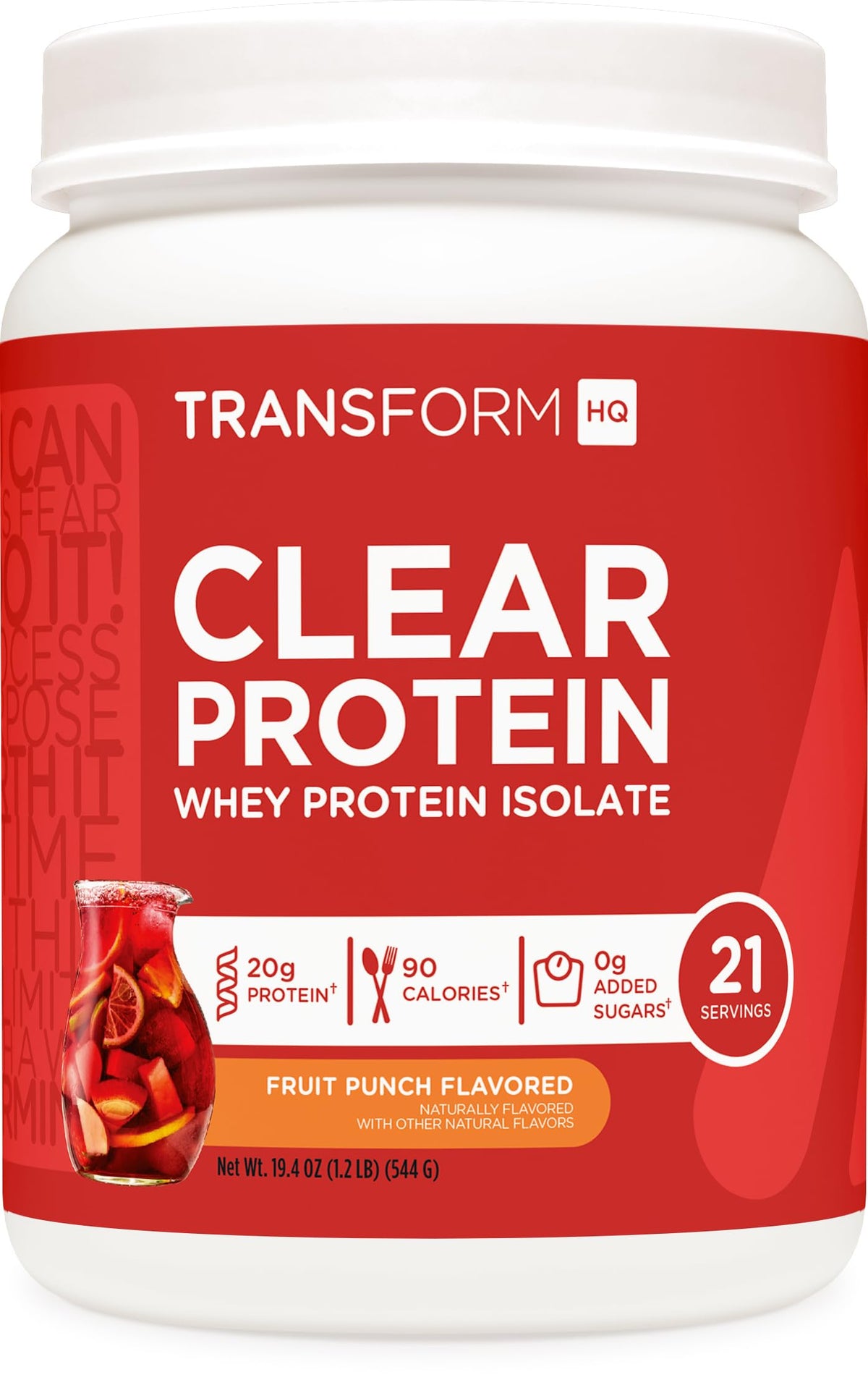 TransformHQ Proteína Clara Fruta Punch botella: 20 g de proteína por porción para recuperación ligera.