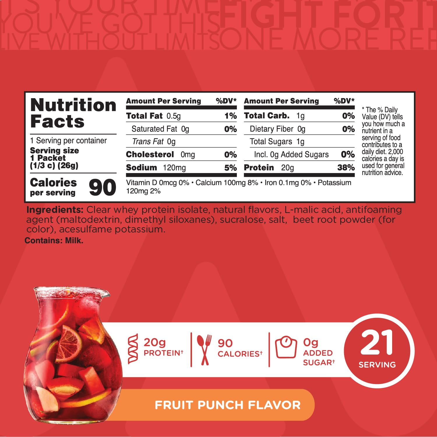 TransformHQ Proteína Clara Fruta Punch vertido: mezcla rápida en agua para un refresco proteico.