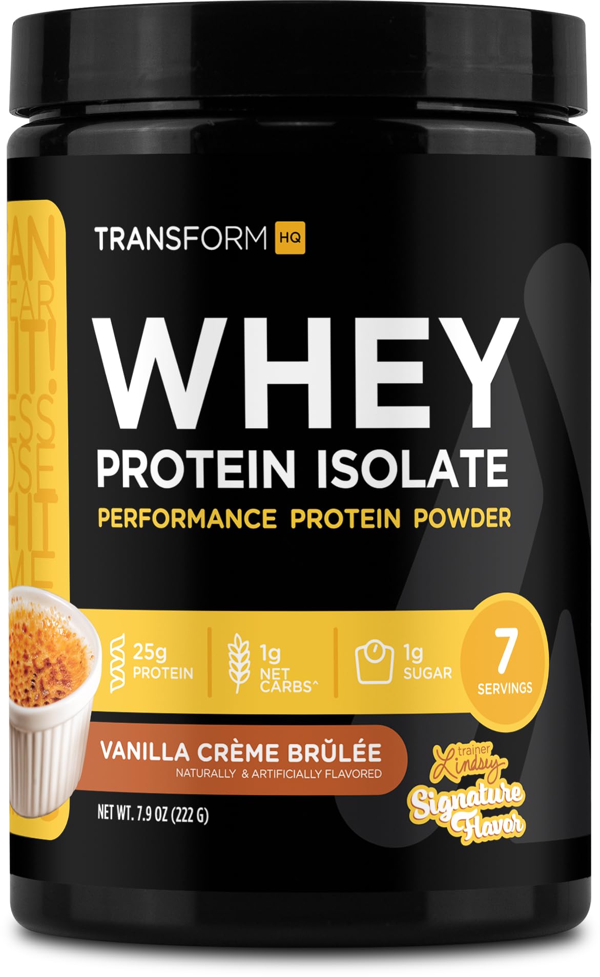 TransformHQ WPI crema brlée en envase; sabor delicioso para entrenamiento diario.