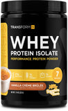 TransformHQ WPI crema brlée en envase; sabor delicioso para entrenamiento diario.