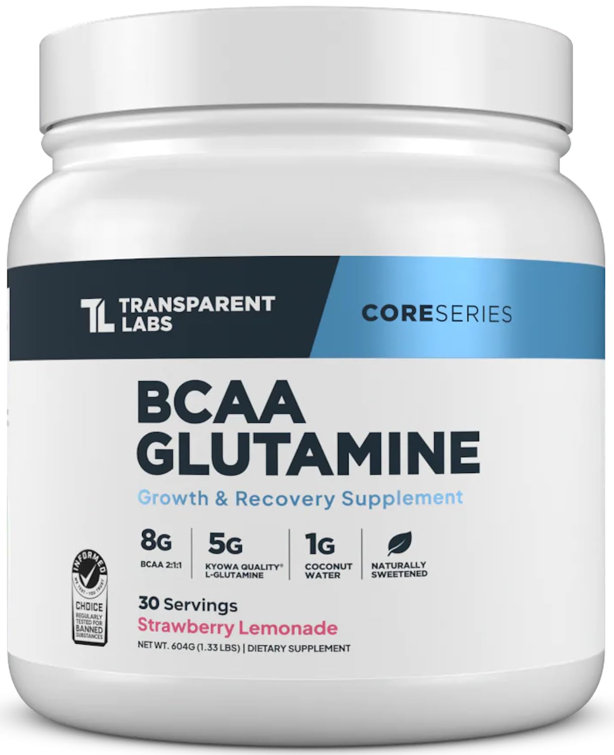 Botella de Transparent Labs BCAA Glutamina con porciones para recuperación muscular