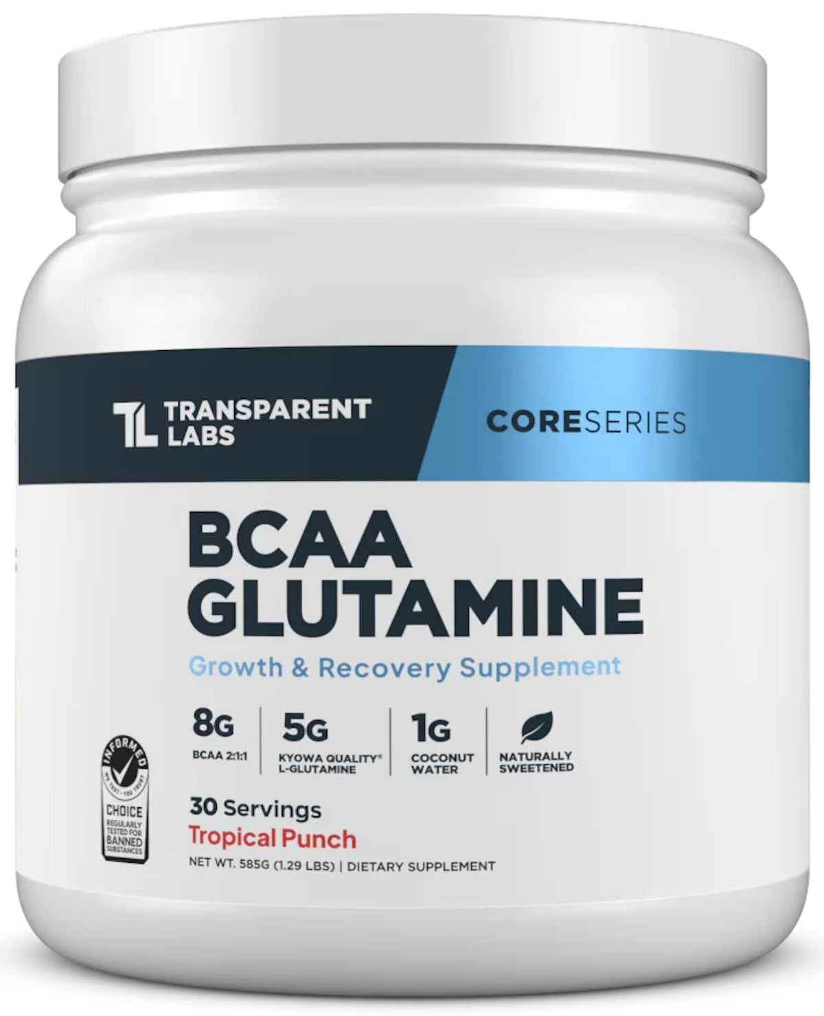Transparent Labs BCAA Glutamine en envase primer plano para recuperación posible