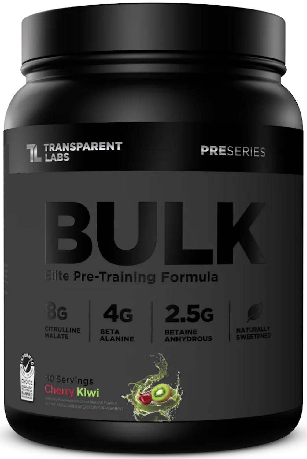 Botella de Transparent Labs Bulk Black lista para entrenar con energía sostenida.