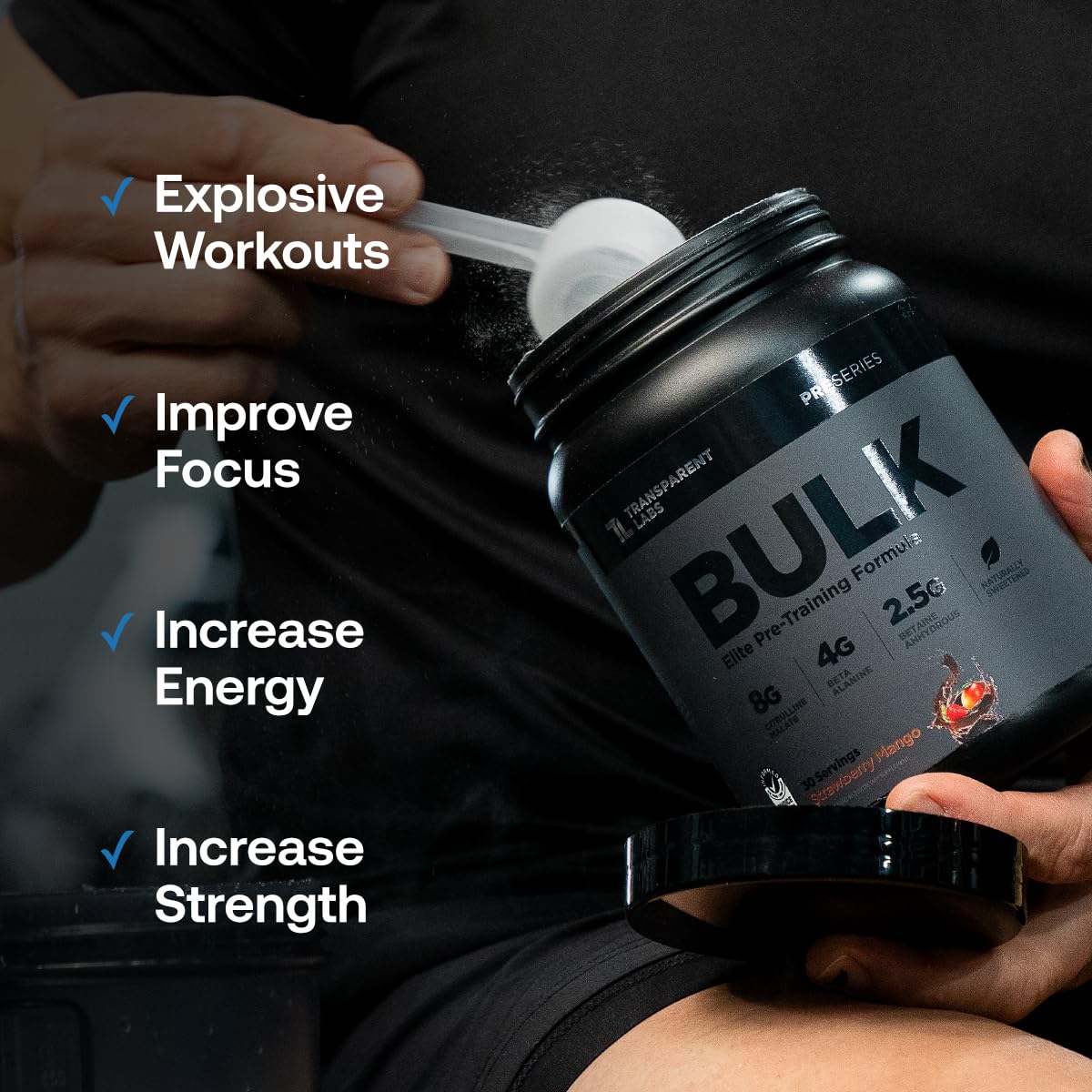 Transparent Labs Bulk Black Preentrenamiento, envase de 30 porciones para planificar entrenamientos.