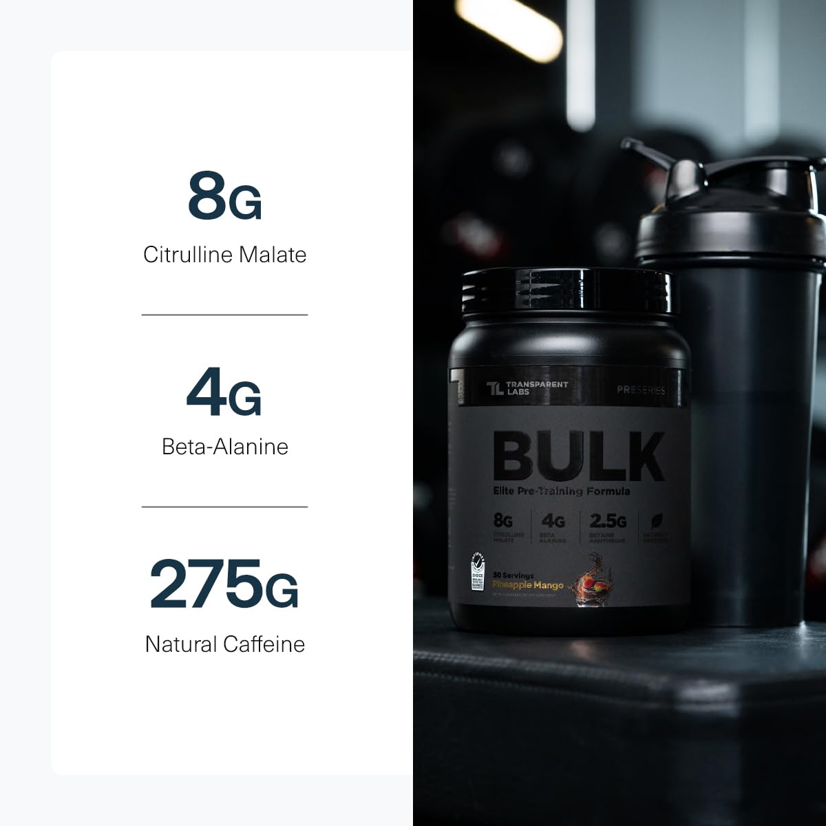Transparent Labs Bulk Black Preentrenamiento, ingredientes clave como Citrulina Malato y Beta-Alanina.