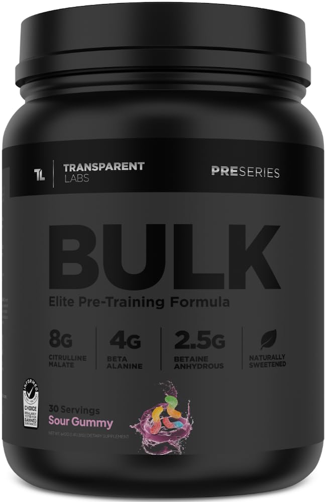 Transparent Labs Bulk Black Preentrenamiento, sabor Sour Gummy, energía sostenida para entrenos.